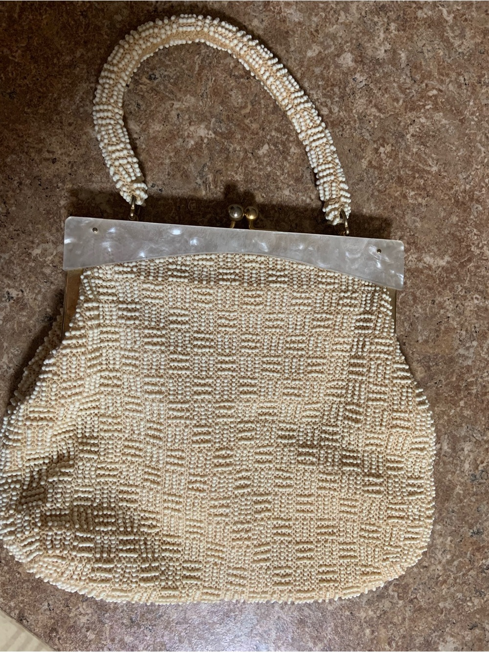 Beaded Ivory Evening Bag with Mother-of-Pearl Frame